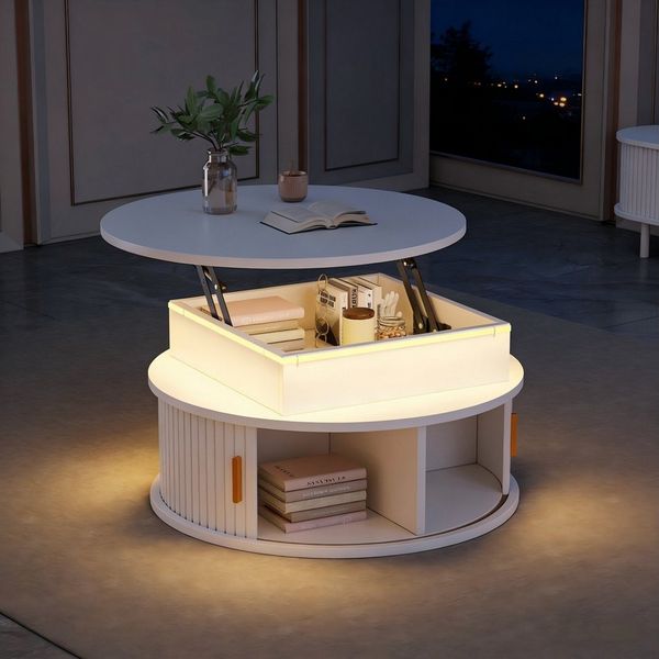 STILVORA Couchtisch höhenverstellbar Sofatisch mit LED Kaffeetisch mit Rolltüren Hochglanz (Packung, 1-St, mit zwei Rolltüren), Ein Weiß Tisch mit verstecktem Stauraum, Hochglanztisch
