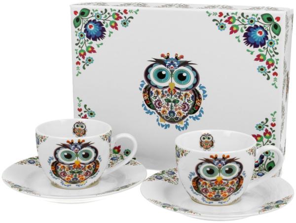 DUO ETNO 2er-Set Espressotassen 90 ml OWL mit Untertassen, New Bone China Porzellan