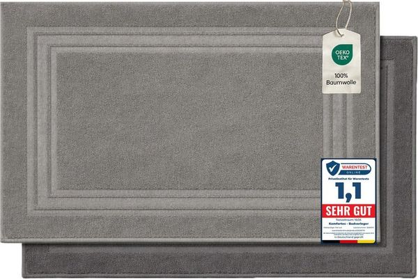 Komfortec Badematte Badvorleger aus 100% Baumwolle, Waschbar Duschmatte, Frottee, Rechteckig, 600 g/m², 2er Set, Saugfähig & Schnelltrocknend
