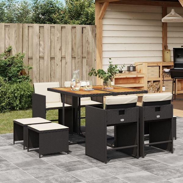 vidaXL 9-tlg. Garten-Essgruppe mit Kissen Schwarz Poly Rattan 3277910