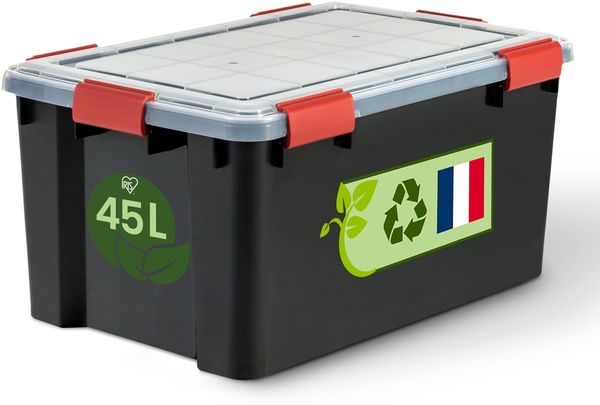 Iris Ohyama Luftdichte Kunststoff-Aufbewahrungsboxen mit Deckel, 45L, Rot, Transparent, Hermetischer wasserdichter Verschluss, Robuste Schnappverschlüsse, Stapelbar, Staubschutz, BPA-frei, WSB-45