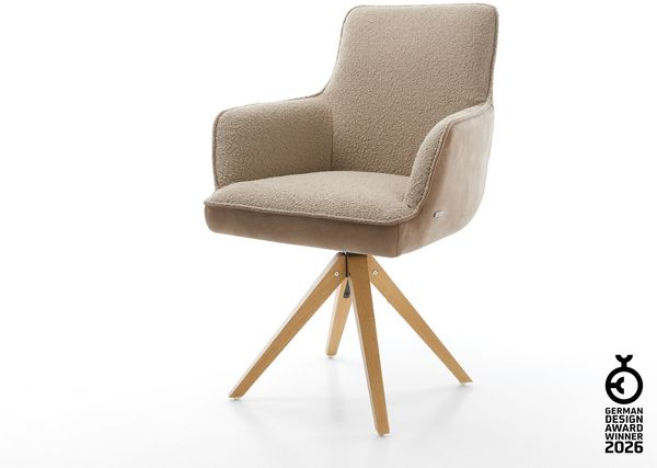 Drehstuhl Heira-Flex mit Armlehnen Materialmix Schlamm Holzgestell kantig Natur 180° drehbar Taschenfederkern