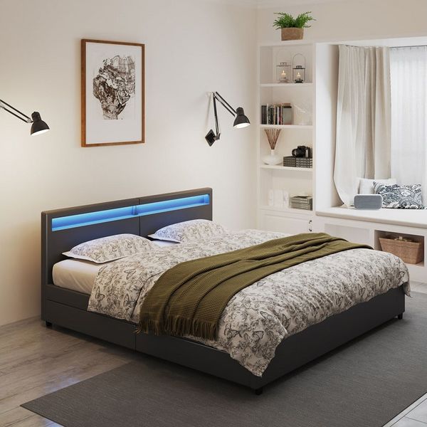 HOME DELUXE Kunstlederbett LED Bett mit Schubladen - 200 x 200 cm / 270 x 200 cm (inkl. Schubladen), gepolstertes Kopfteil, LED Beleuchtung, Familienbett, Stauraumbett