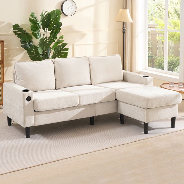 Ecksofa 202x137x80 cm Beige aus Leinenstoff mit USB, Typ-C, Getränkehaltern und frei platzierbarem Hocker