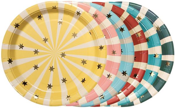 partydeco Teller, Pappteller 18cm mit Streifen und Sternen 6er Set Farbmix / Gold