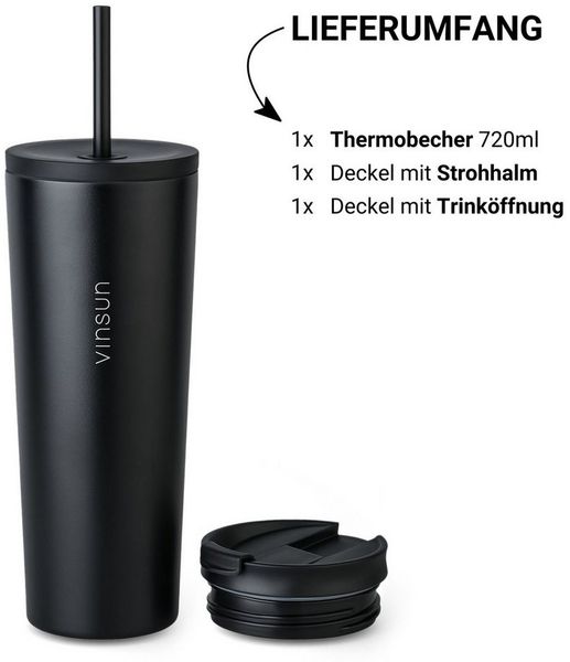 Vinsun Thermobecher Edelstahl Becher mit Strohhalm 720ml - Isolierbecher auslaufsicher, 4-tlg, Edelstahl, Doppelwandig isoliert, BPA frei, bruchfest, Kalt- und Heißgetränke