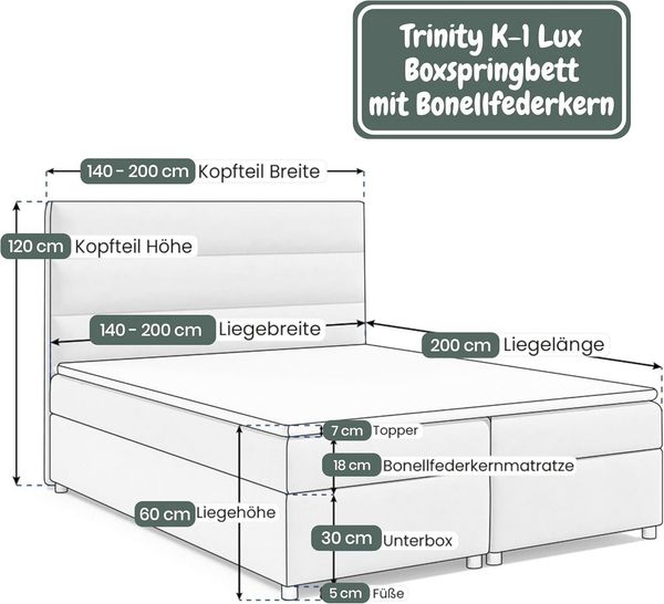 Best for Home Boxspringbett Trinity K-1 LUX – Modern Boxspringbett mit Stauraum & Komfort (140x200 160x200 180x200 200x200 cm), Verschiedene Liefermöglichkeiten, TOP Preis-Leistungs-Verhältnis