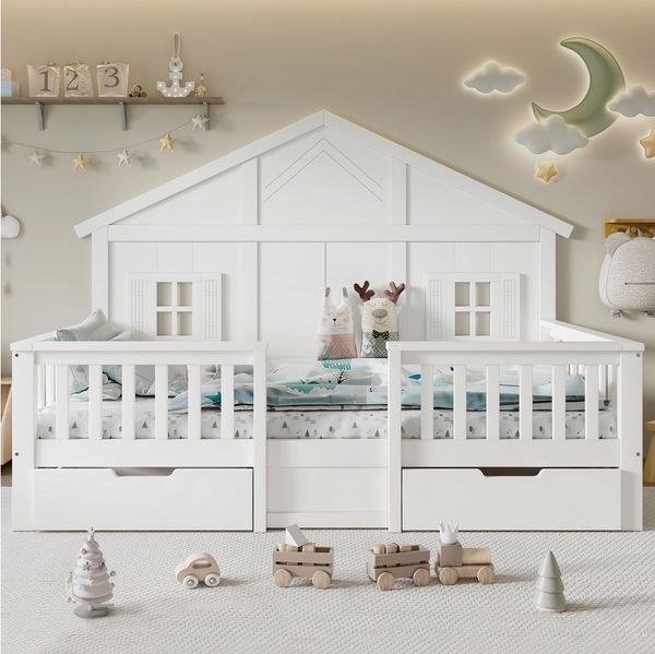 Merax Kinderbett 90x200cm (Jugendbett Einzelbett Massivholzbett, 1-tlg), Kiefernholz Hausbett mit 2 Schubladen, Fenster, Lattenrost & Dach