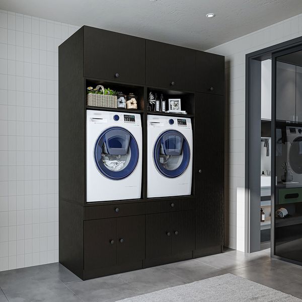 Roomart Schrankwand für Waschküche & Hauswirtschaftsraum – SERIE 1 – 179 cm breit – mit Ausziehbrett – Waschmaschinenschrank & Stauraumlösung • Schwarz-Eiche