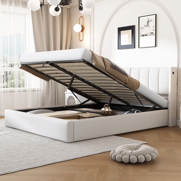 Polsterbett Liegefläche 160x200 cm, weißes PU-Polster, verstellbares Kopfteil mit LED und USB, integrierter Stauraum,Weiß