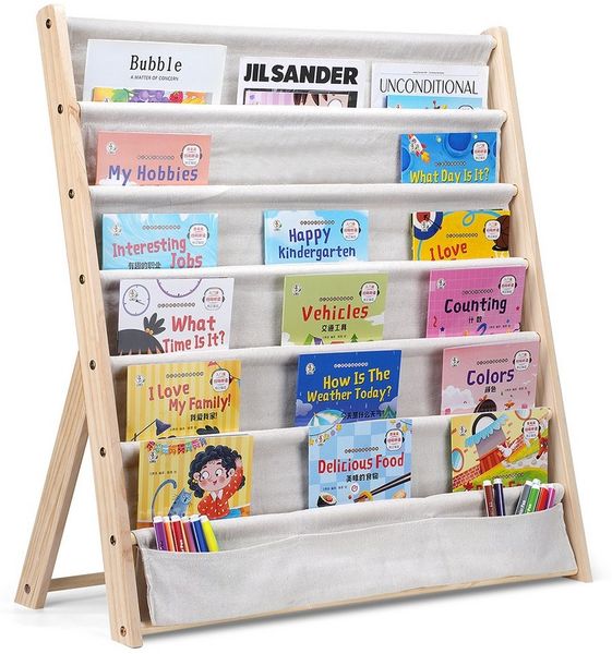 TUWENA Bücherregal Kinder Bücherregal mit 6 Stofffächern,Kinderbücherregal aus Massivholz, Abgerundete & platzsparend Für Kinderzimmer Kindergarten Spielzimmer