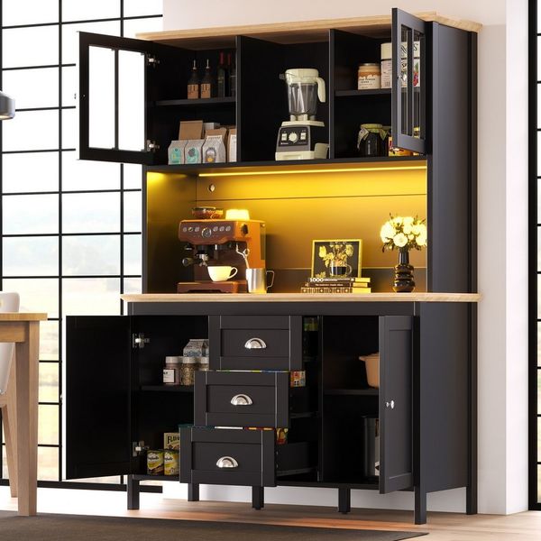 i@home Hochschrank Seitenschrank, Aufbewahrungsschrank, Küchenschrank mit LED-Beleuchtung, 120x40x179cm, 4 Türen & 3 Schubladen,weiß/schwarz