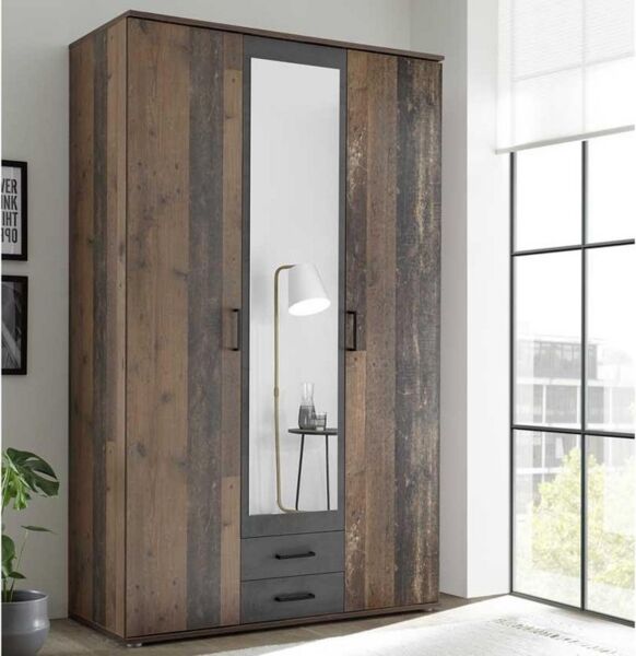 POL Power 'Chicago' Kleiderschrank mit Spiegel, 3-türig, Old Style/Betonoxid Optik, 120 x 197 x 54 cm (B/H/T)