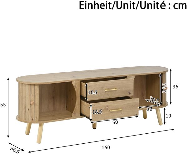 Merax Erbsenförmiges TV-Board mit vertikaler Rillenoptik, 2 Schiebetüren + 2 Schubladen, Massivholzfüße, Holzoptik Bild 4