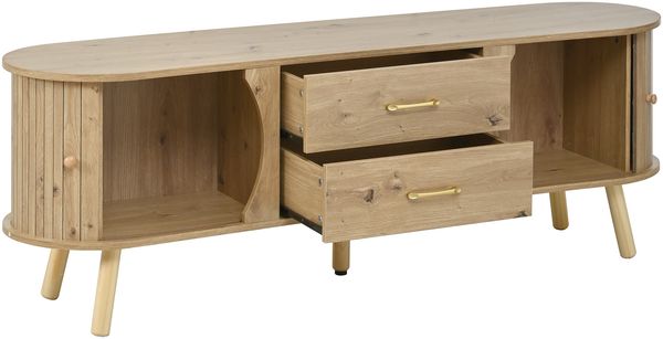 Merax Erbsenförmiges TV-Board mit vertikaler Rillenoptik, 2 Schiebetüren + 2 Schubladen, Massivholzfüße, Holzoptik Bild 9