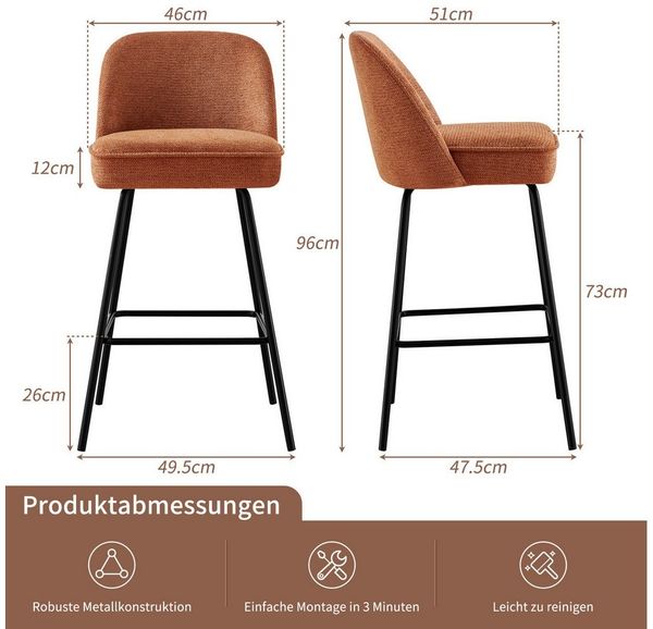 JYMTOM Barhocker Gepolsterter Sitz mit Federkern, Sitzfläche aus Leinen und Textilien (2 St), Metallbeine, für Bar, Theke, Küche, Esszimmer und Bistro geeignet