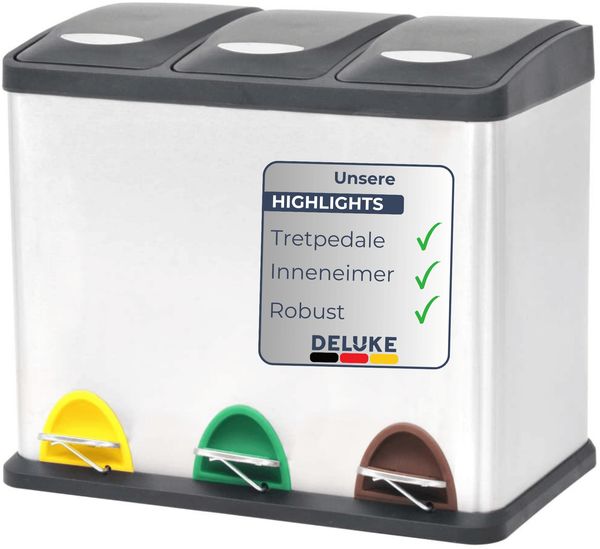 Mülleimer 3 Fächer Edelstahl - 3x 8L Inneneimer herausnehmbar | Pedaleimer Tretmülleimer Küche Abfalleimer mit Deckel Müllbehälter Kücheneimer Treteimer Büro