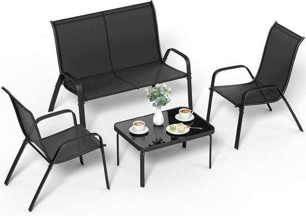 TLGREEN Gartenlounge-Set 4-teiliges Gartenmöbel Set, (Wetterfeste Sitzgruppe mit 1 Gartenbank, 2 Stühlen & 1 Glastisch, Textilene Outdoor Lounge), Modern Balkonmöbel für Kleiner Balkon Terrasse Garten