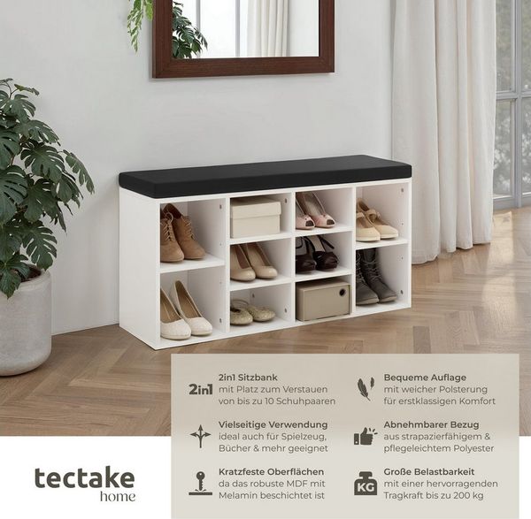 tectake Schuhschrank Schuhregal mit Sitzpolster 103,5x48x30cm (Set mit Schrank+Kissen, 1-St, inkl. Sitzkissen) für 10 Paar Schuhe