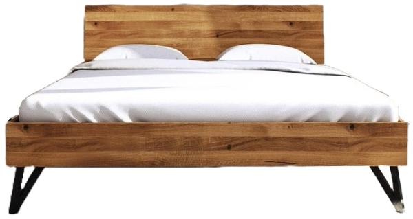 Bett Rolo 2 in 100x200 cm aus Wildeiche massiv mit Holzkopfteil und Metallbeinen