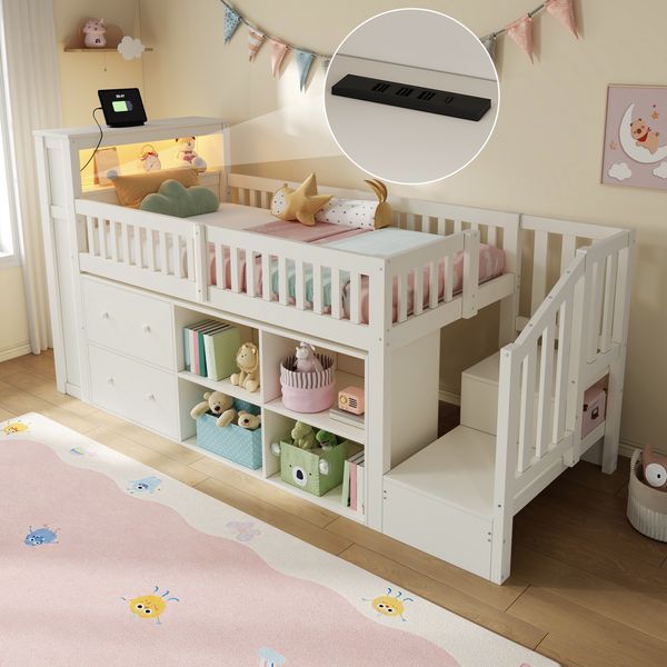 Merax Kinderbett, Hochbett, 90x200 cm, mit Schubladen, Staufächern, trapezförmigem Schrank, LED-Beleuchtung, Weiß