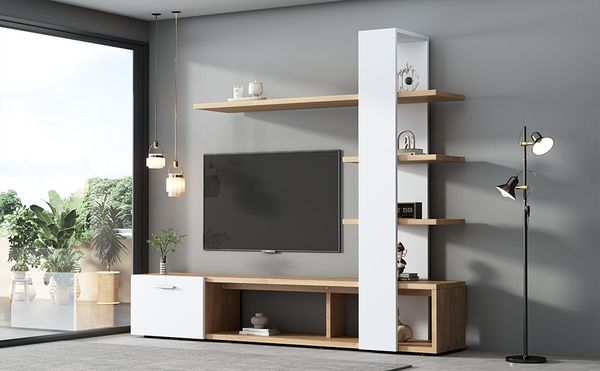 TV-Wohnwand B 180 x T 33,5 x H 151,5 cm aus Spanplatte in Weiß & Holzoptik, mit Tür