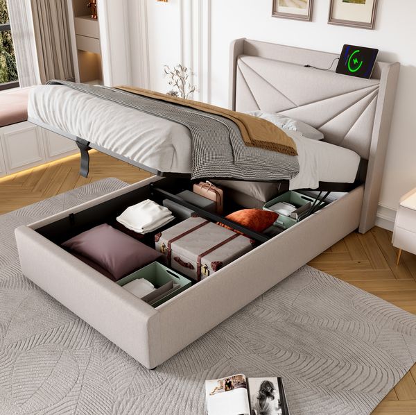 Polsterbett 90x200 cm mit Stauraum und USB/Typ-C – Einzelbett aus Baumwoll-Leinen mit Lattenrost