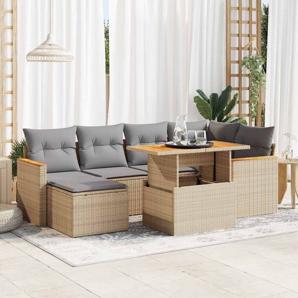 vidaXL 7-tlg. Garten-Sofagarnitur mit Kissen Beige Poly Rattan Akazie 3327510