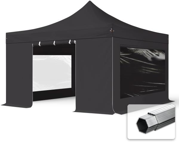 4x4 m Faltpavillon, PROFESSIONAL Alu 40mm, feuersicher, Seitenteile mit Panoramafenstern, schwarz