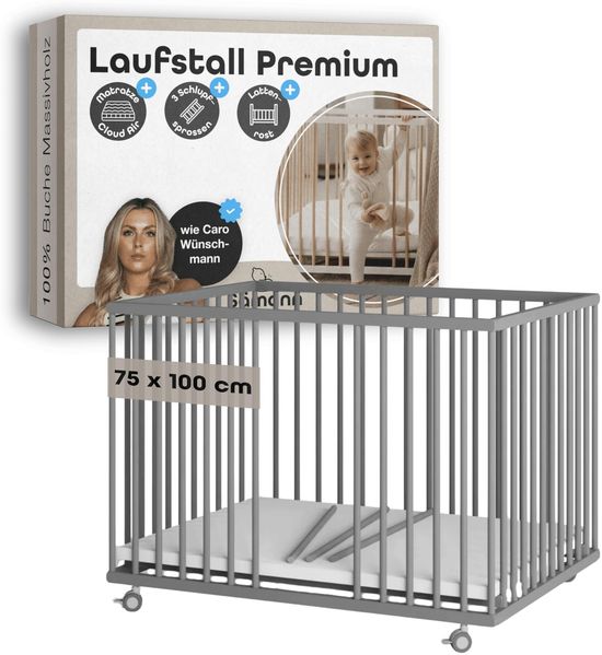 Sämann Laufstall Baby mit Matratze Cloud Air, Schlupfsprossen & Lattenrost | stufenlos höhenverstellbar | Laufgitter Premium | Babybett aus Holz | Krabbelgitter (grau, 75x100 cm)