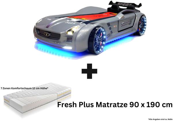 Autobett Kinderbett "Rio Roadster" LED Sound Sportsitze Lattenrost Spoiler 90x190 cm mit Matratze. ohne Teppich