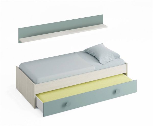 Dmora Kinderbett Aqua, Bettgestell für Schlafzimmer, Bett mit ausziehbarem Kinderbett und Regal, 201 x 98 x 43 cm, Weiß und Aquagrün