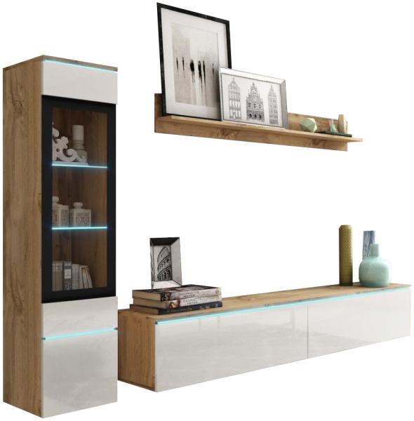 Wohnwand Vera Anbauwand 3-teilig Eiche Wotan weiß Hochglanz grifflos