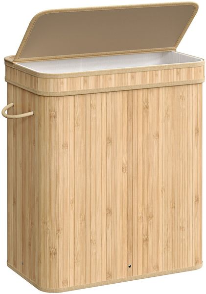 Songmics Wäschekorb mit Deckel, Wäschesammler Bambus, Wäschesack herausnehmbar und maschinenwaschbar, mit Griffen, 100 Liter, für Waschküche, Schlafzimmer, Wohnzimmer, naturfarben