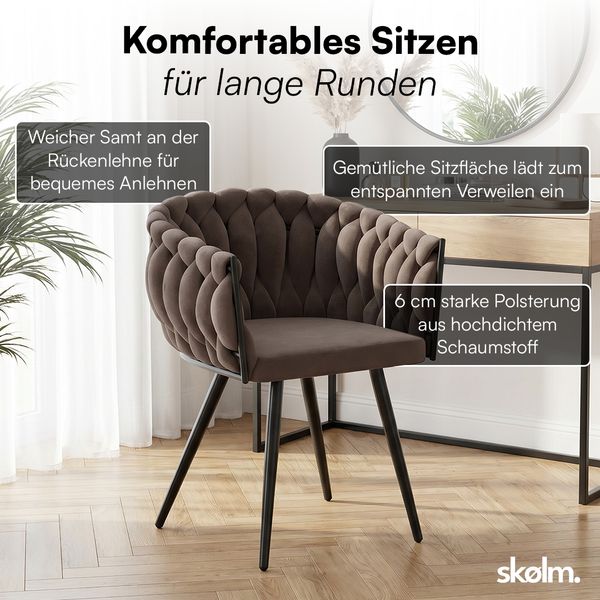 skølm 'Sudri' Esszimmerstühle, 4er Set, dunkelbraun, gepolstert mit Samtbezug, höhenverstellbar, Schalenstuhl mit Armlehne, bis 120 kg belastbar Bild 7