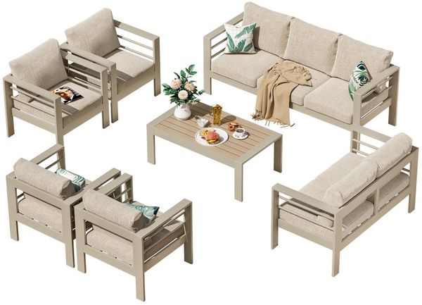 MeXo Gartenlounge-Set Terrassenmöbel Set 8-10 Personen Aluminium outdoor wetterfest, (Belastbarkeit pro Sitzplatz 140kg, 7-tlg, 12cm Deluxe Relax-Sitzkissen), Gartenmöbel Set für Außenbereich, Terrasse, Balkon und Garten
