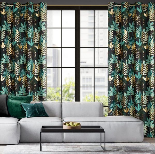 Eurofirany Vorhang Gemusterte Ösenschals Bunte Gardine Palms Muster, Wohnzimmer Mikrofaser mit goldenen Details