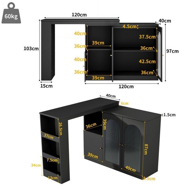 IDEASY Bartisch Hauptkörper 120 x 40 x 97 cm, Um 360° drehbarer Ess- und Barschrank (Um 360° drehbare Bistrotisch für Küchen und Restaurants), multifunktionaler Aufbewahrungsschrank mit Changhong-Glastür