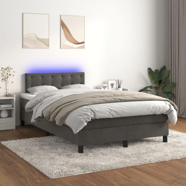 vidaXL Boxspringbett mit Matratze & LED Dunkelgrau 120x200 cm Samt, Härtegrad: H2 [3134634]