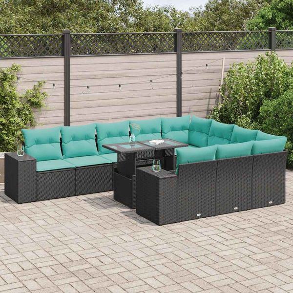 vidaXL 11-tlg. Garten-Sofagarnitur mit Kissen Schwarz Poly Rattan 3326868