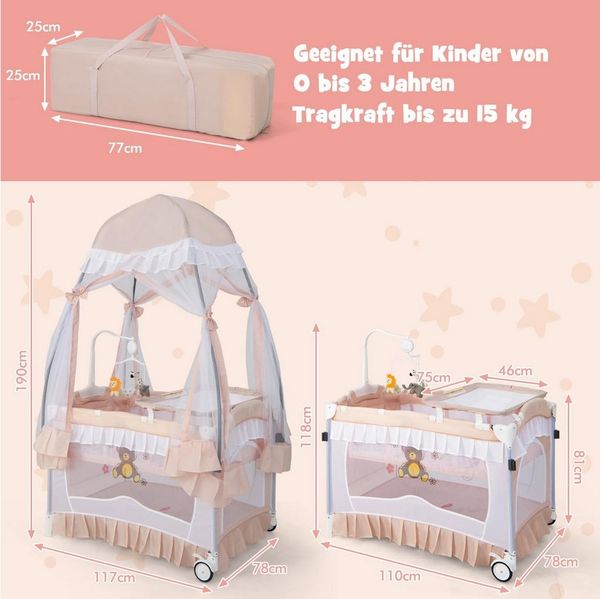 COSTWAY Kinderbett Reisebett, Babybett mit abnehmbarem Baldachin, Wickelauflage, faltbar