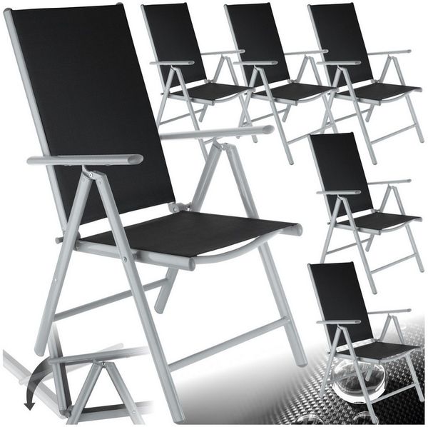 tectake® Aluminium Gartenstuhl 6er Set, Klappstuhl mit 7-facher Neigungsverstellung und hoher Rückenlehne, Gartenmöbel Set mit 6 Stühlen, klappbar, ideal für Garten, Terrasse und Balkon - Silber