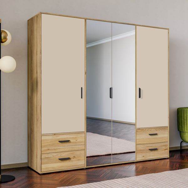Forte MOKKARO Kleiderschrank 200, moderner Drehtürenschrank, 4-türig, 4 Schubladen, Spiegel, Mauvella Eiche Holzdekor|Kaschmir Beige, 205,9 cm breit x 200,1 cm hoch x 52,7 cm tief