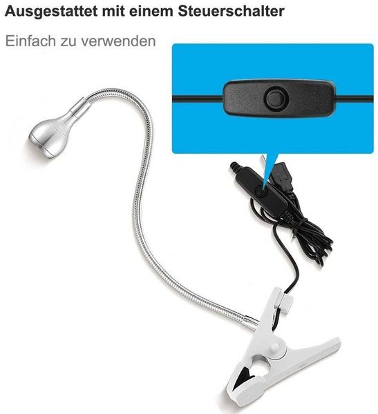 Rosnek LED Klemmtischleuchte LED-Leselicht, Clip-on Schreibtischlampe, USB, Augenschutz, Weißes Licht, Warmes Weiß, Weiße, 360° flexibel Schwanenhals