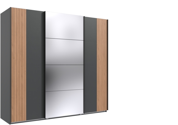 Schwebetürenschrank >Malaga< Spiegel, Akustiklamelle, Graphit & Artisan Eiche - 225x208x64cm BxHxT