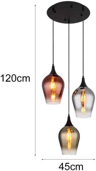 Ausgefallene LED Pendelleuchte mit drei bunten Glas Lampenschirmen, Ø 45cm Bild 4