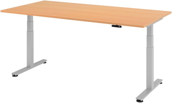 bümö elektrisch höhenverstellbarer Schreibtisch 200x100 cm in Buche, Gestell in silber - Stehschreibtisch höhenverstellbar mit Memory-Steuerung, elektrischer Bürotisch, Gaming Tisch, XDSM-2E-6-S