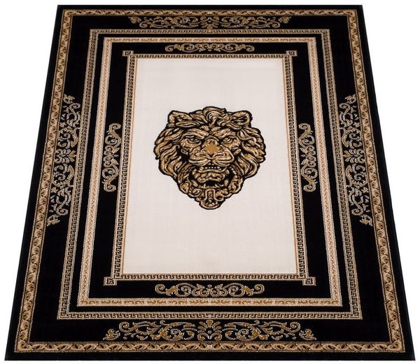 Belle Arti Teppich Teppich Wohnzimmer Wohnzimmerteppich Löwenkopf Löwe Motiv schwarz gold, Kurzflor, Anti-Rutsch, orientalisch, Mäander Muster, Seidenoptik