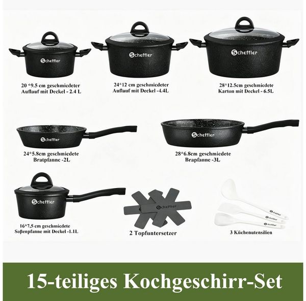 Scheffler Topf-Set Induktions Töpfe Set Schwarze Antihaftbeschichtung mit Glasdeckel, Aluminium (Set, 15-tlg, Topfset,3xKochtopf,1xSoßentopf,2xBratpfanne,4xGlasdeckel,5xZubehör), Antihaft-Beschichtung