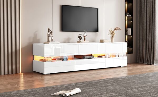 TV-Schrank B 160 x T 39 x H 45 cm aus Spanplatte, Weiß Hochglanzfront mit LED & Push-to-open